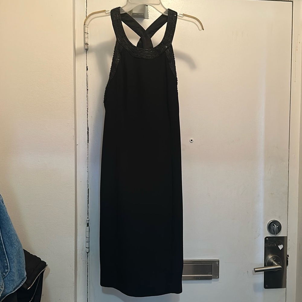 Women's Jones New York Halter Dress Beaded Cross Neck Lined Single Vent Black